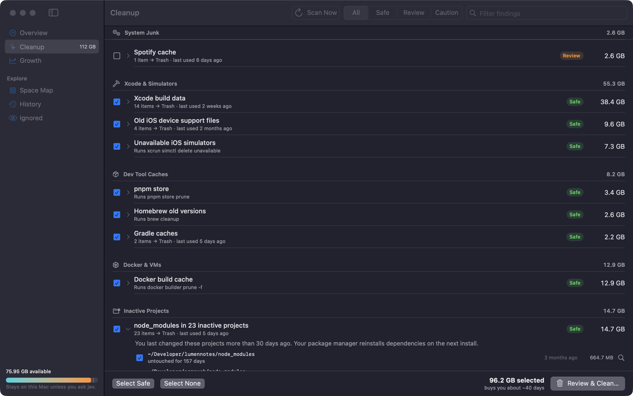 Wipe cleanup window listing reclaimable developer files